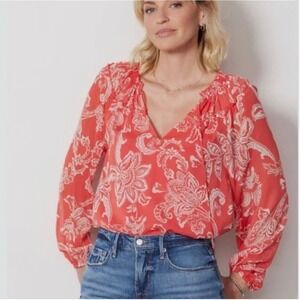 Evereve Hayden Chiffon Gathered Floral Blouse Coral Ruffle V-Neck Top Medium